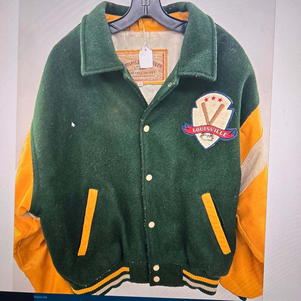 Louisville Slugger Baseball Jacket Size M Green Yellow Wool Leather